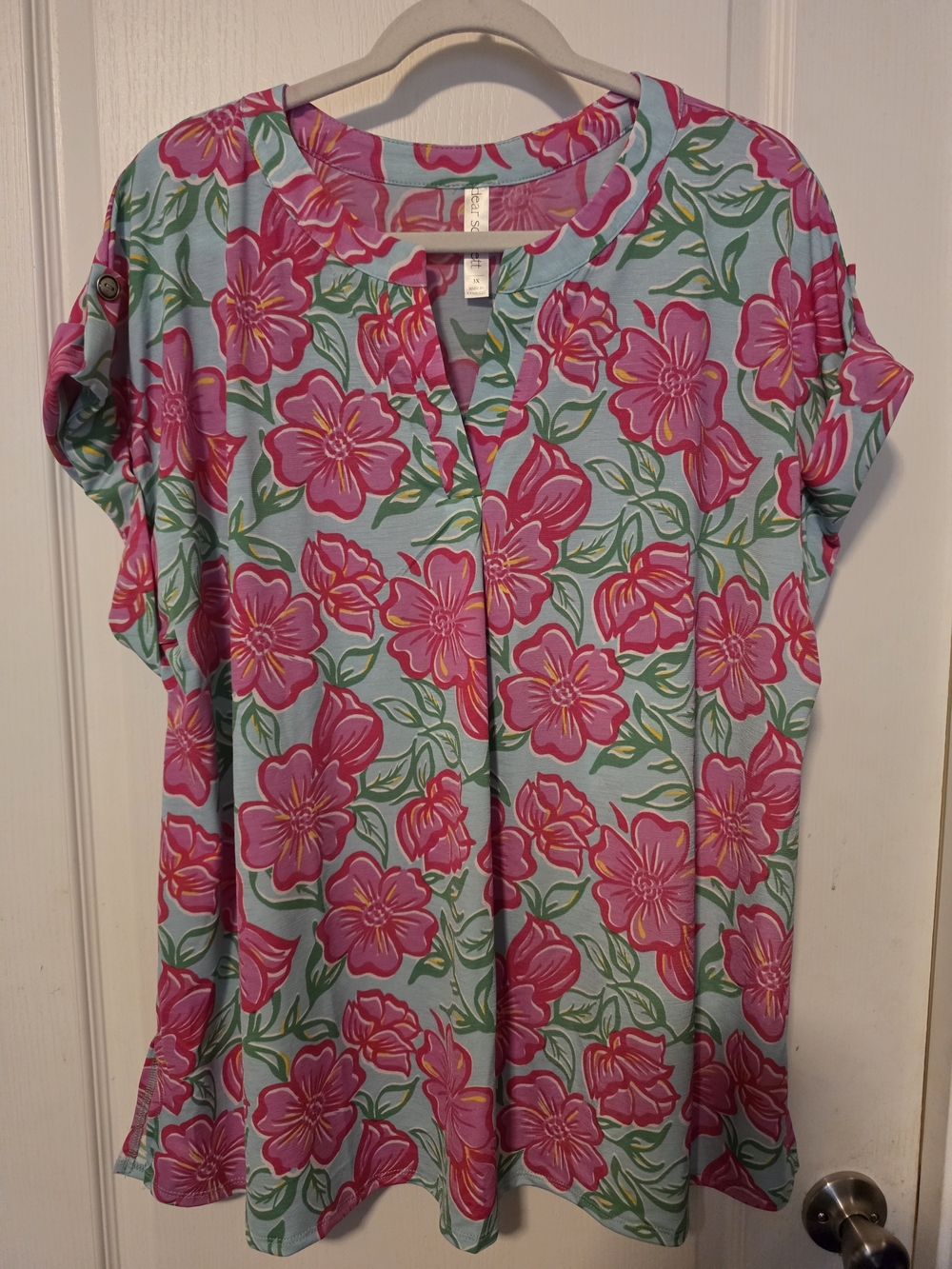 Floral Split-Neck Top in Pink and Light Blue